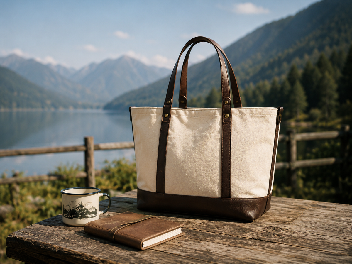 山と湖を背景に、木製テーブルの上に置かれたキャンバスとレザーのトートバッグ