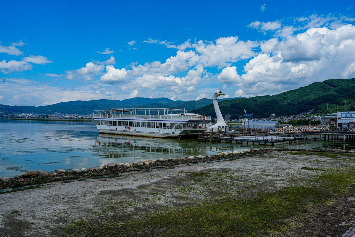 青空と白い雲の下に広がる諏訪湖と湖畔の風景